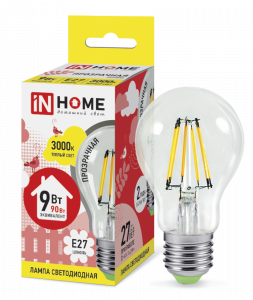 Лампа светодиодная LED-A60-deco 9Вт 230В Е27 3000К 1040Лм прозрачная IN HOME