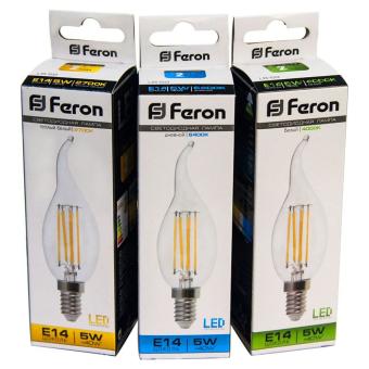 Лампа сд Е14 C35 5W 4000Kфиламент свеча на ветру прозрач.LB-59 Feron
